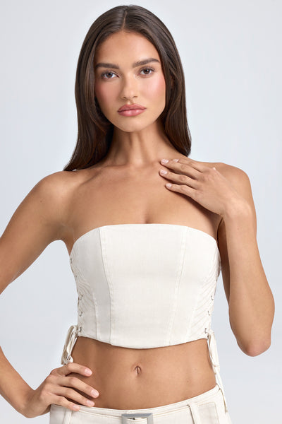 Bandeau Lace-Up Corset Crop Top in Ecru