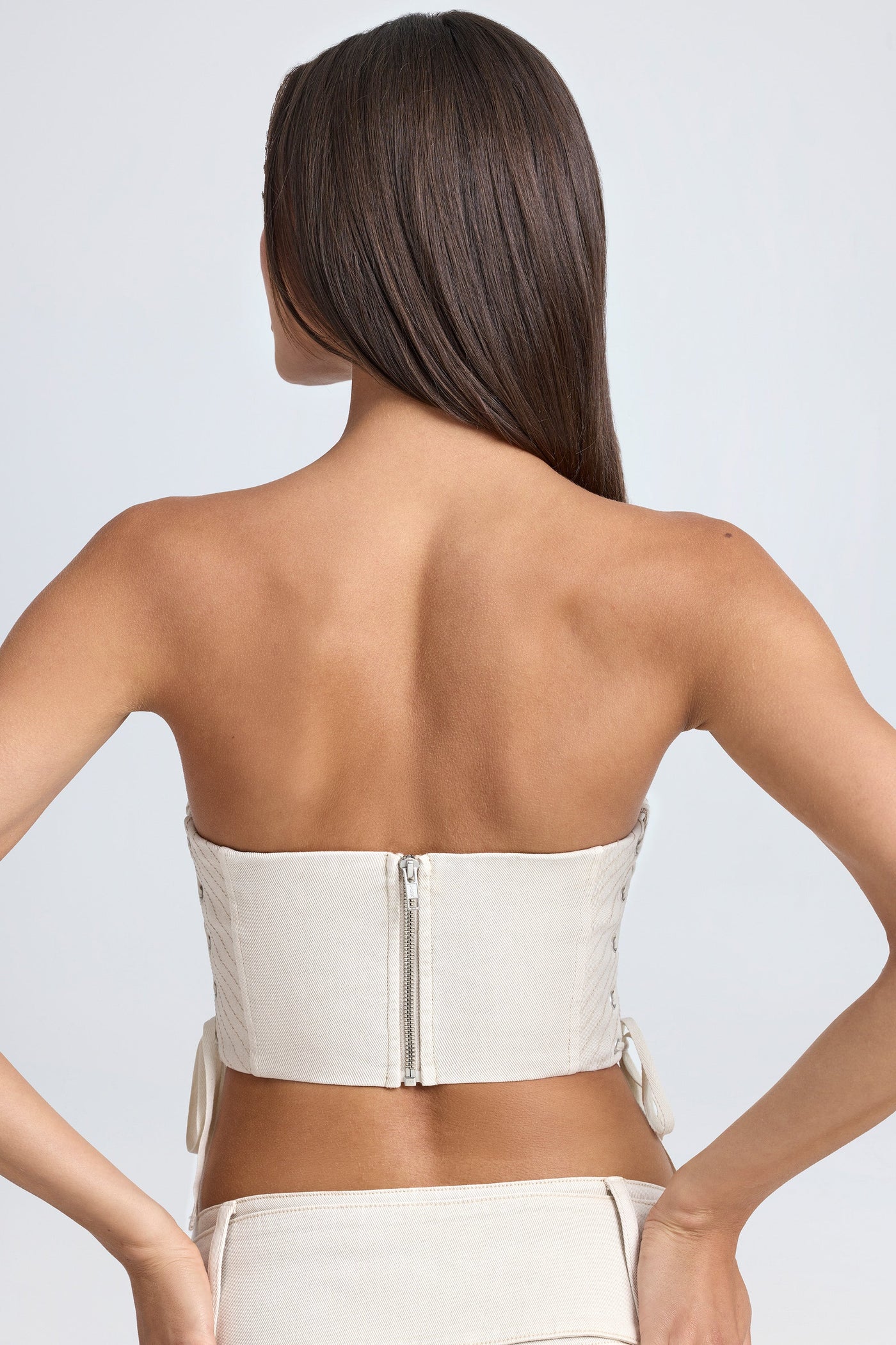 Bandeau Lace-Up Corset Crop Top in Ecru