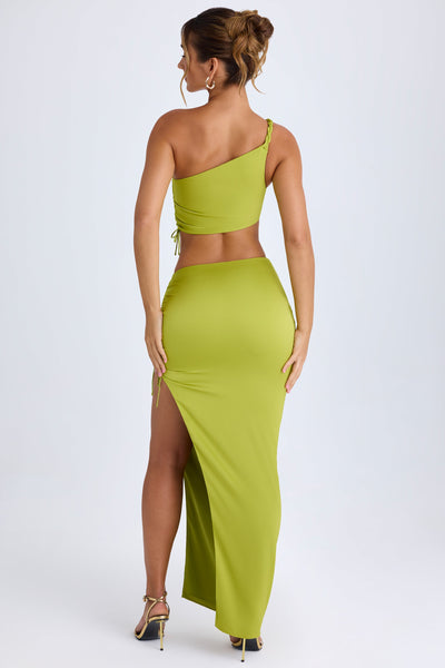 Ruched Asymmetric-Waist Maxi Skirt in Pear Green