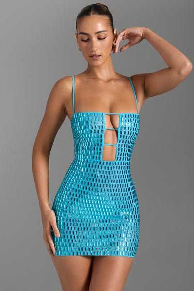 Embellished Cut-Out Mini Dress in Aqua Blue