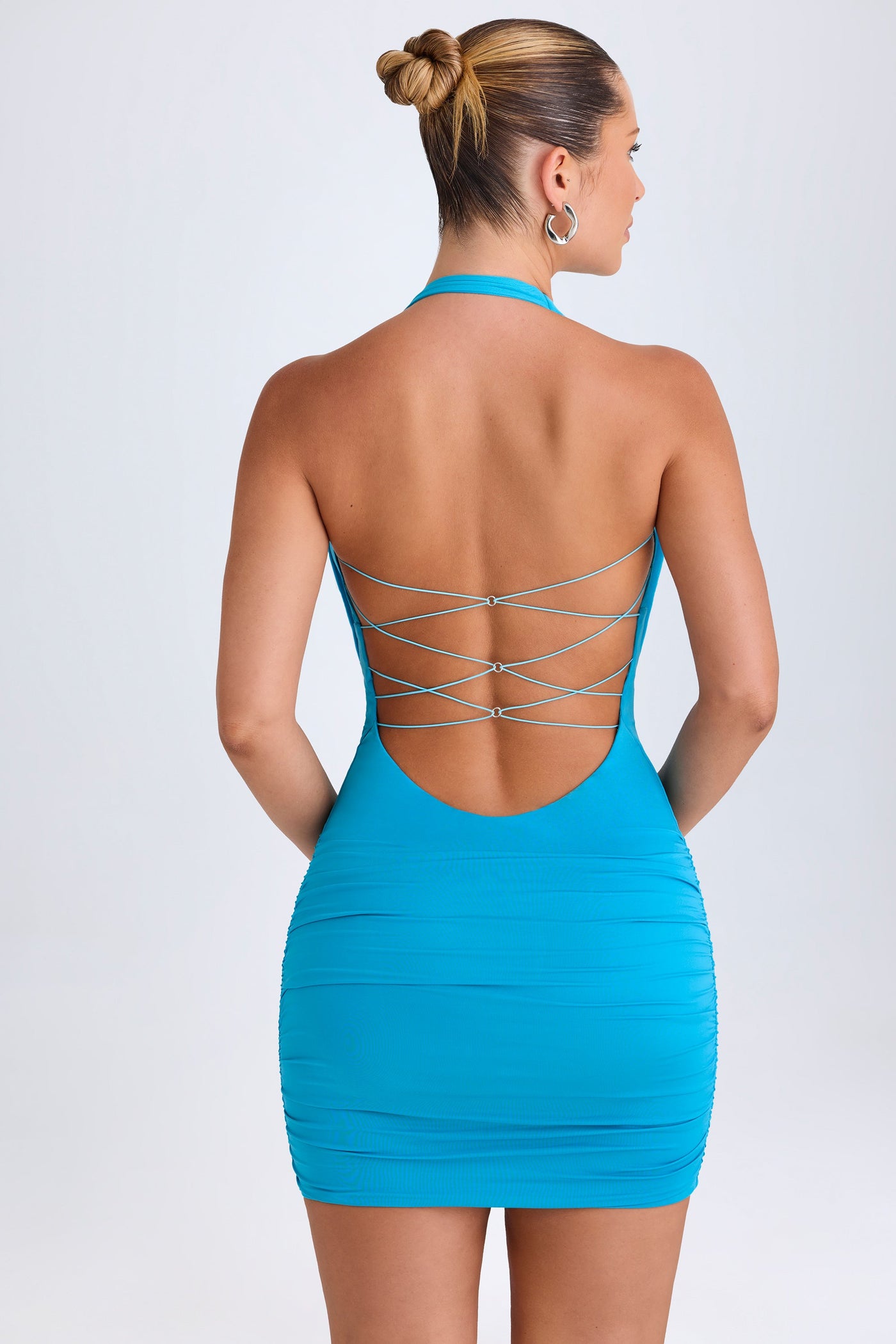 Hardware Detail Cut-Out Cowl-Neck Mini Dress in Aqua Blue