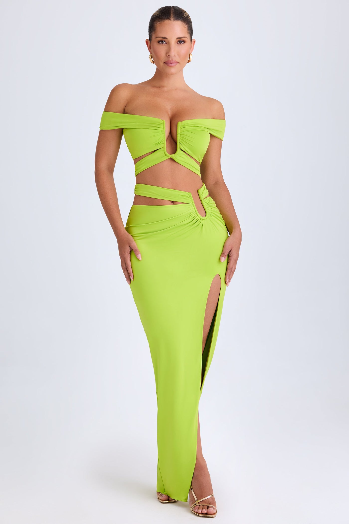 Asymmetric Cut-Out Maxi Skirt in Lime Green