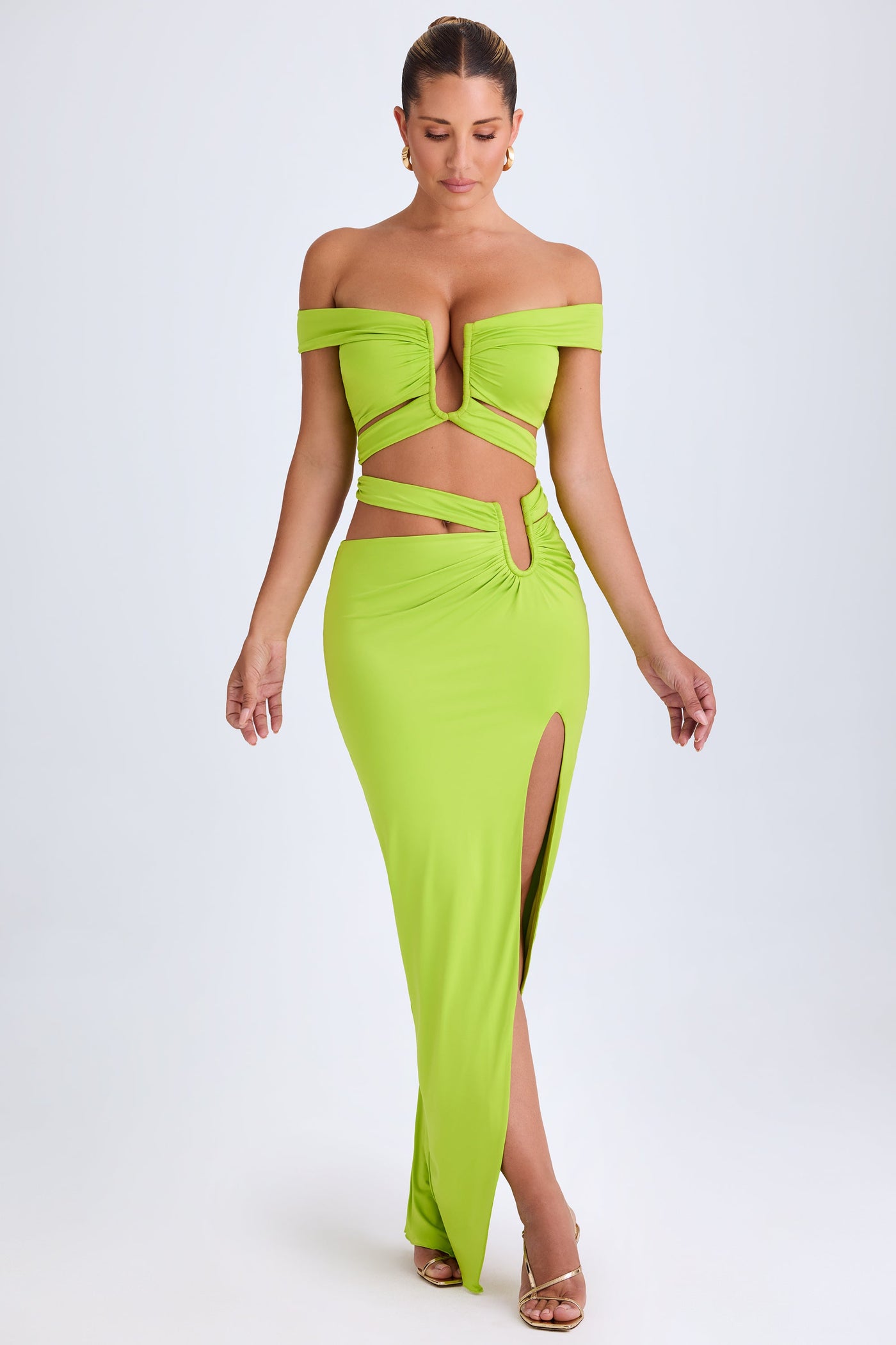 Asymmetric Cut-Out Maxi Skirt in Lime Green