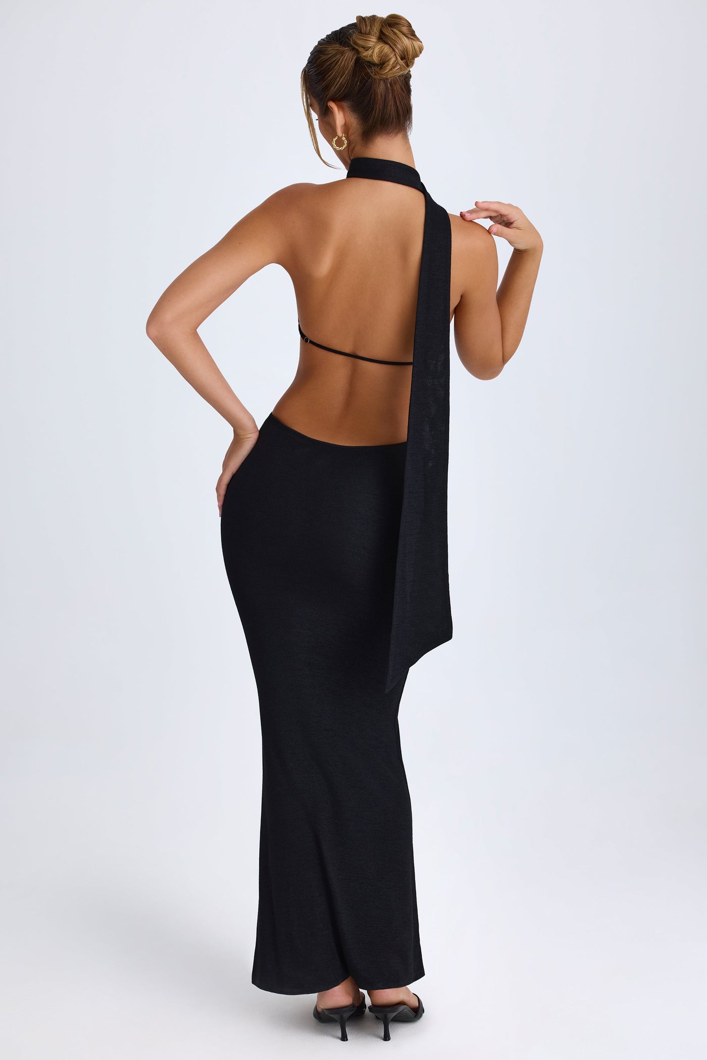 Scarf-Detail Cut-Out Halterneck Maxi Dress in Black