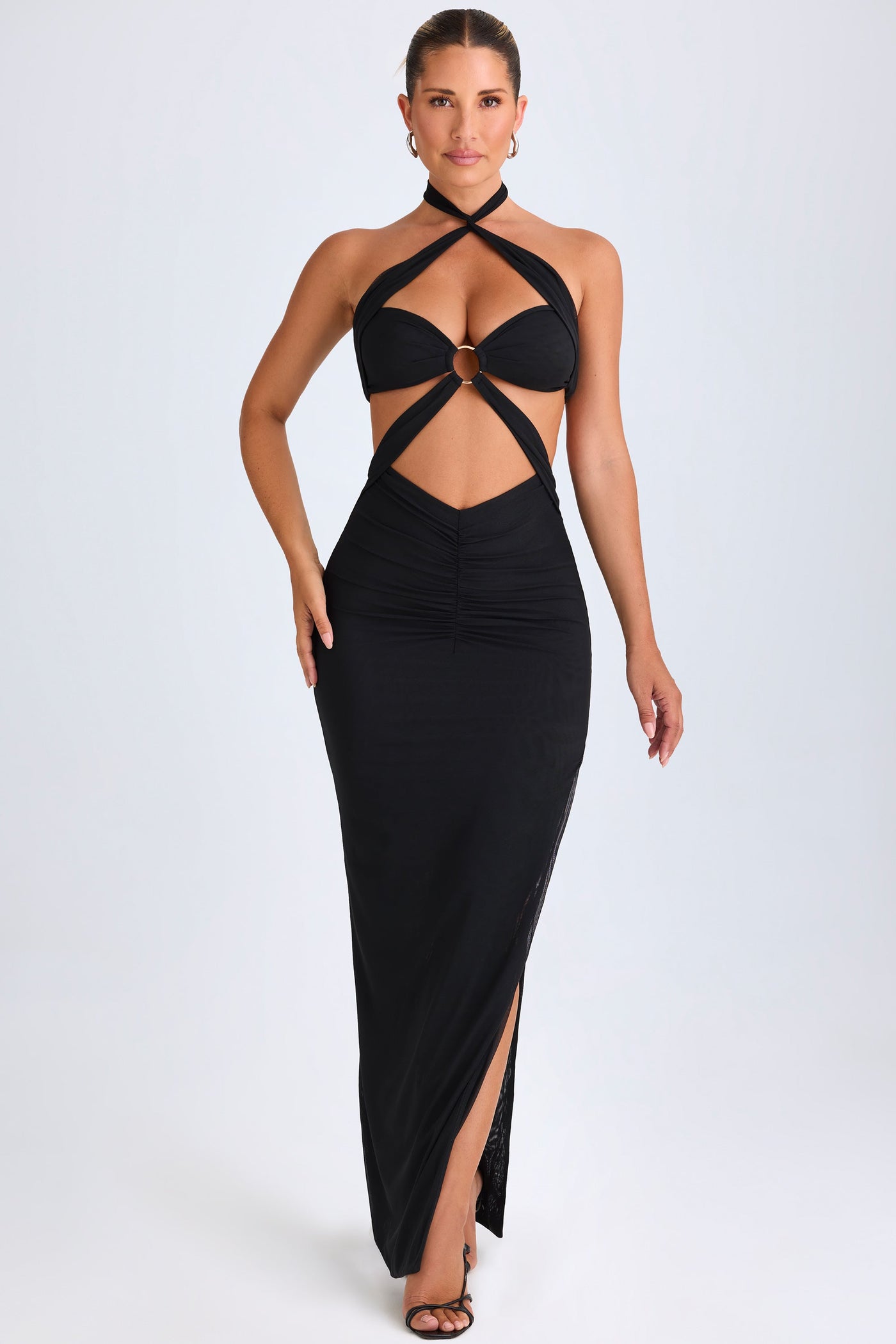 Hardware Detail Cut-Out Halterneck Maxi Dress in Black