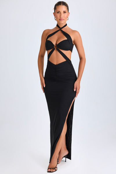 Hardware Detail Cut-Out Halterneck Maxi Dress in Black