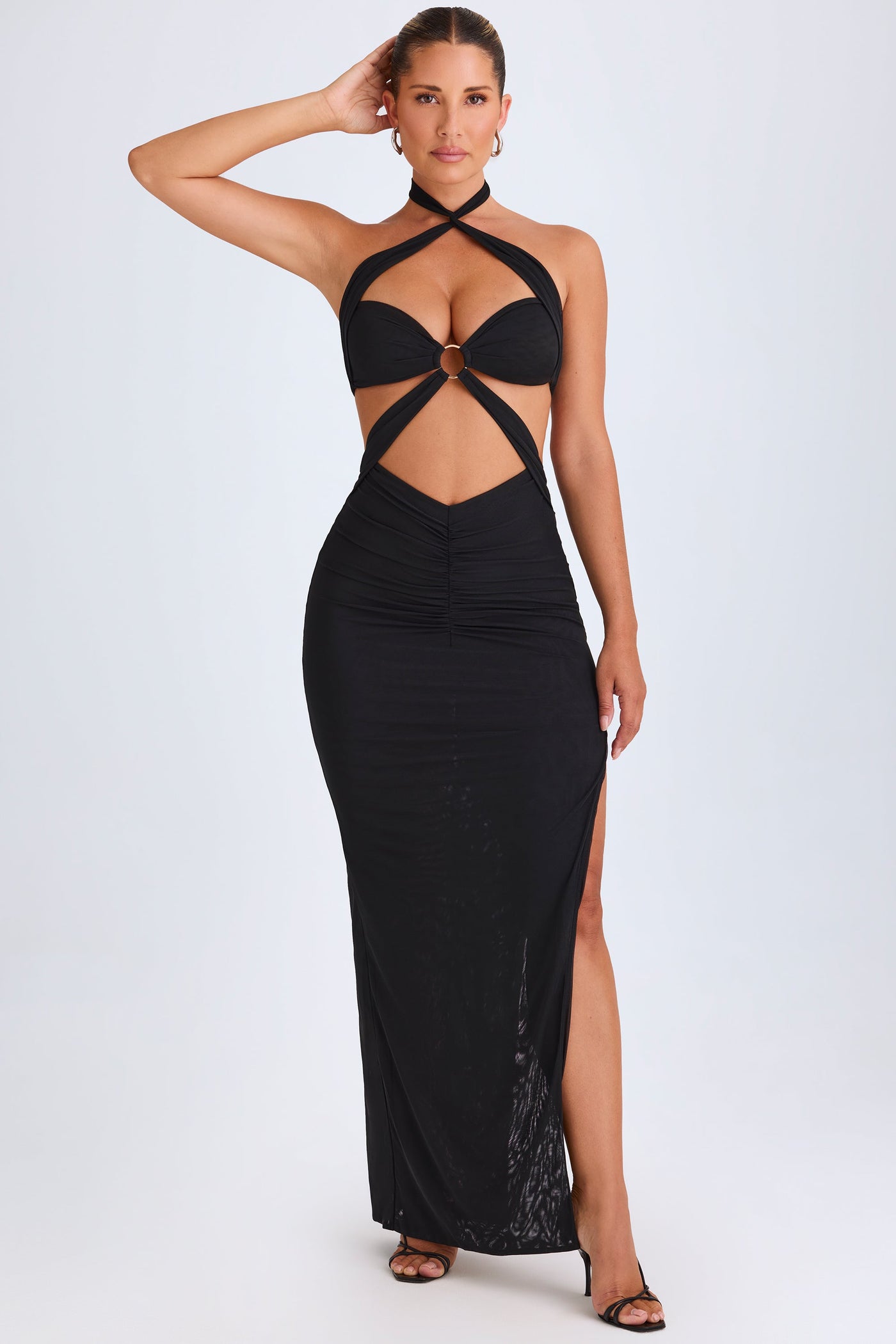 Hardware Detail Cut-Out Halterneck Maxi Dress in Black