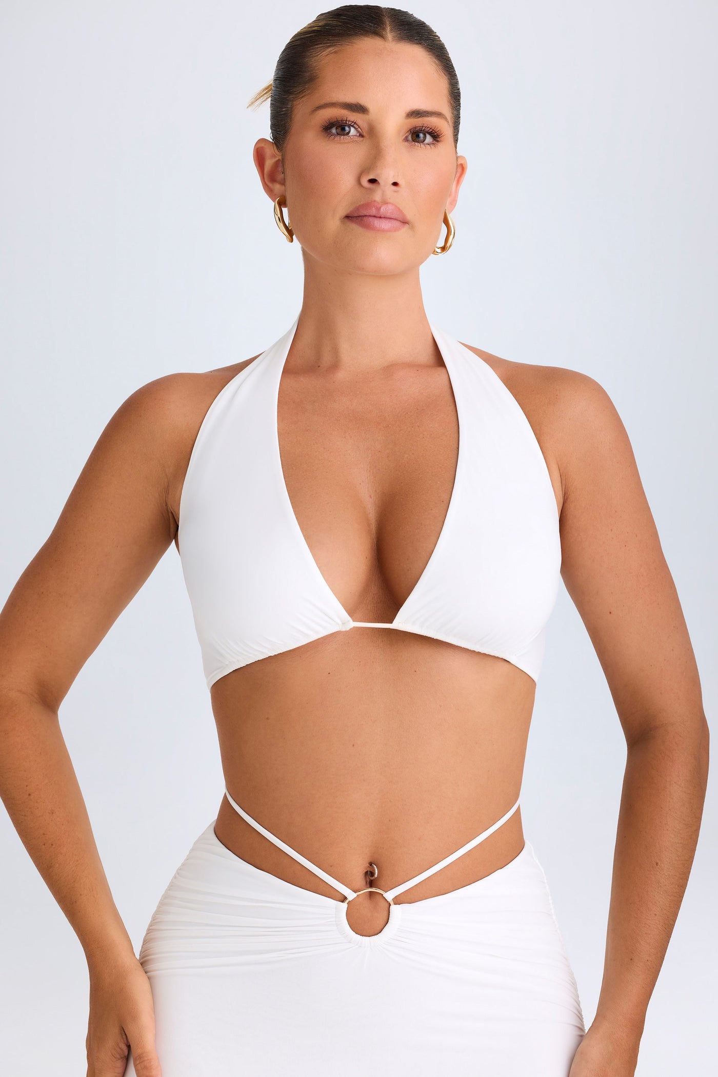 Plunge Hardware-Detail Halterneck Crop Top in White