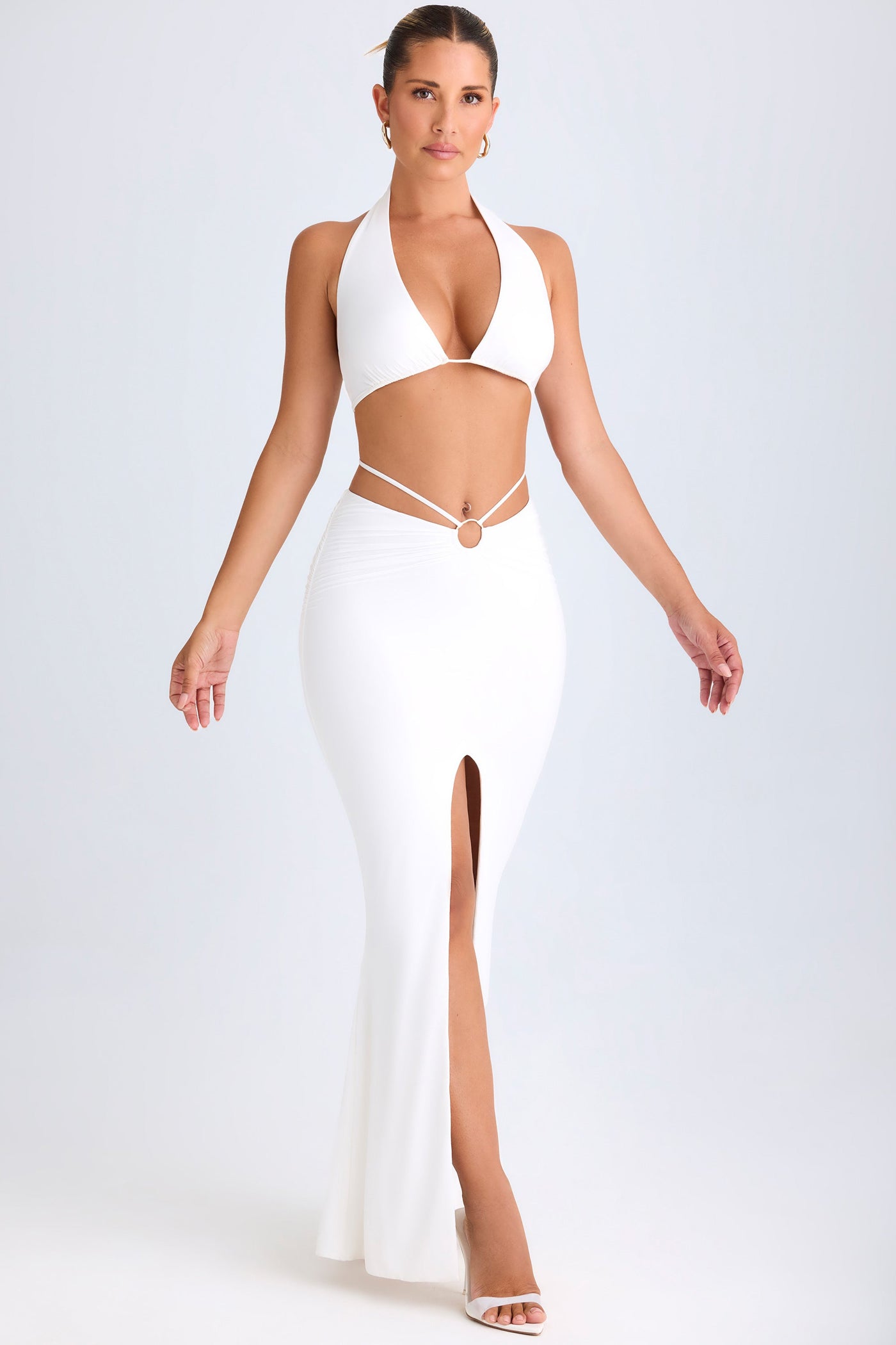 Plunge Hardware-Detail Halterneck Crop Top in White