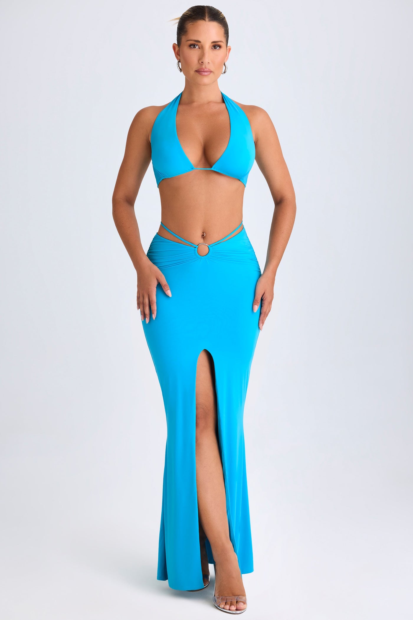 Hardware-Detail Mid-Rise Maxi Skirt in Aqua Blue