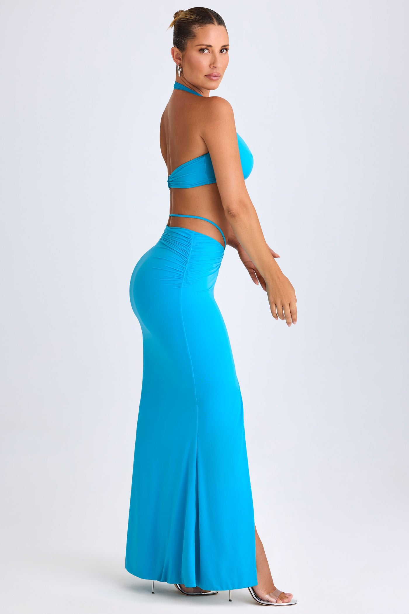 Hardware-Detail Mid-Rise Maxi Skirt in Aqua Blue