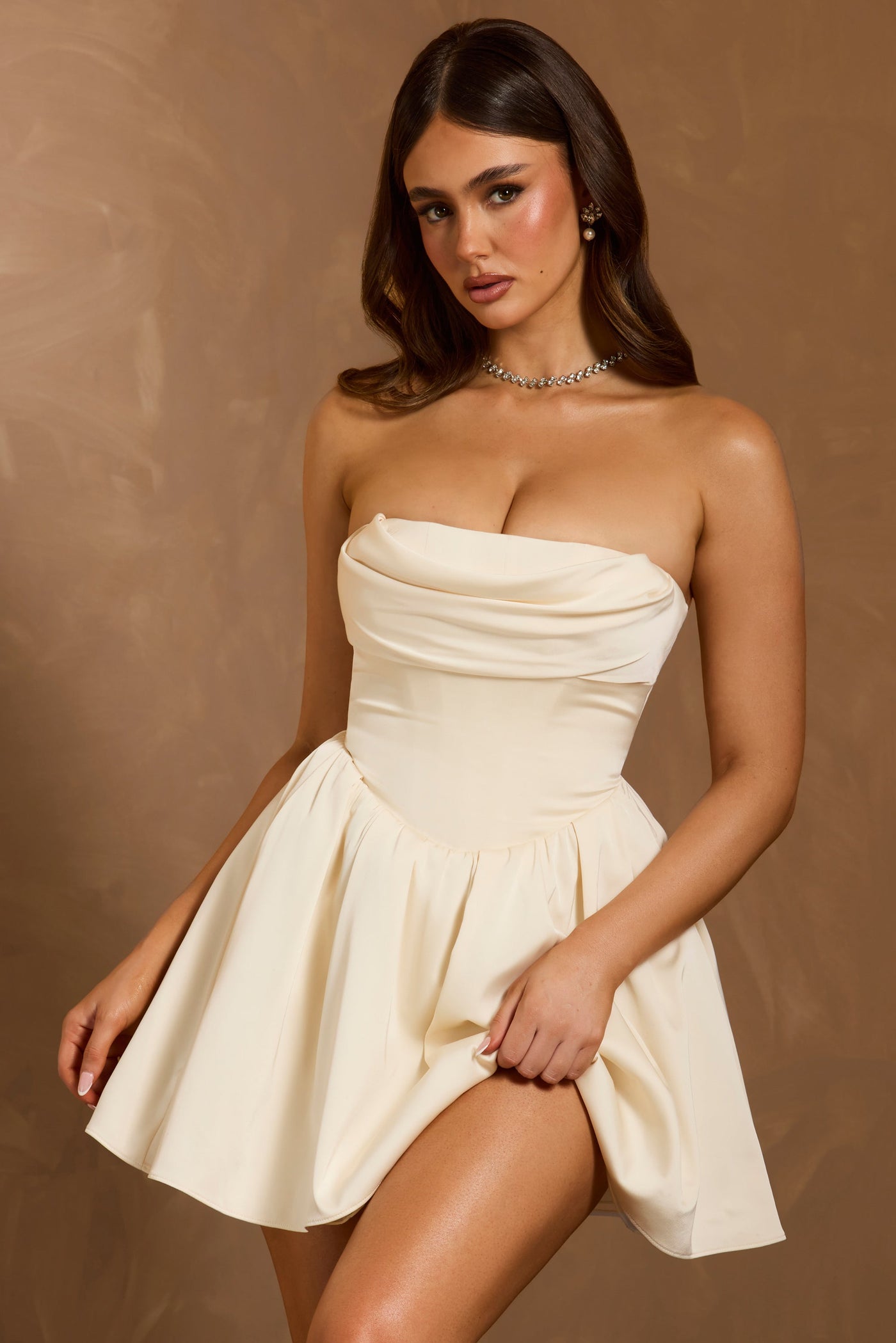 Cowl-Neck Corset Mini Dress in Ivory