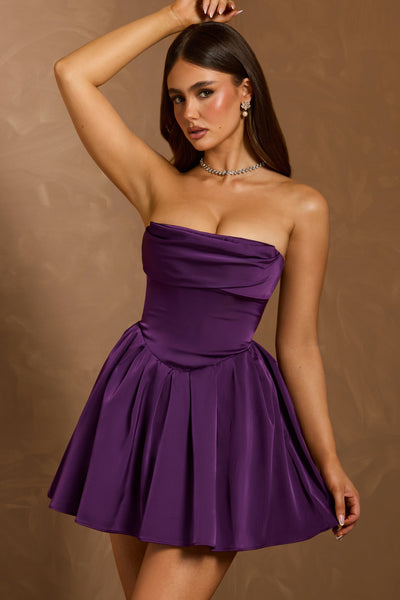 Cowl-Neck Corset Mini Dress in Plum