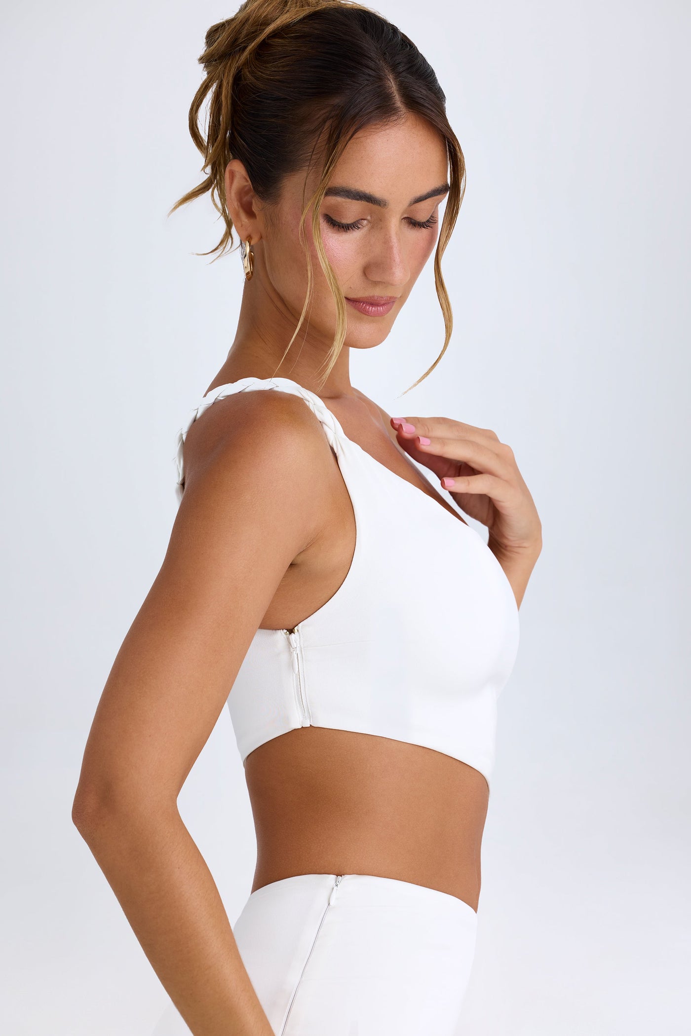 Ruched Asymmetric Crop Top in White