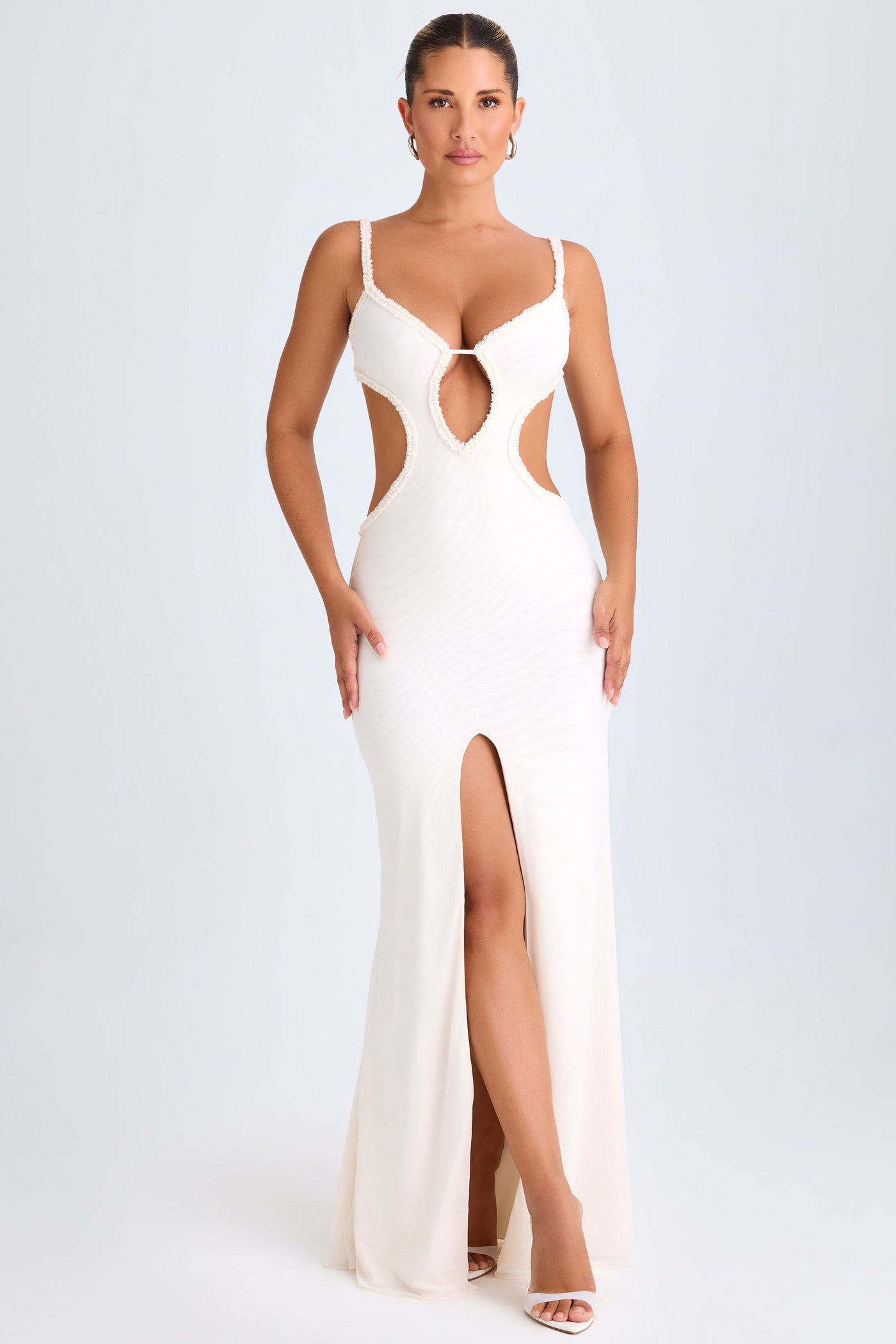 Ruffle-Appliqué Cut-Out Maxi Dress in White