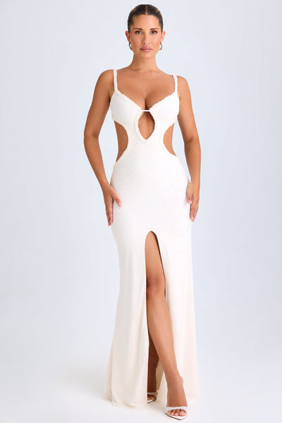 Ruffle-Appliqué Cut-Out Maxi Dress in White