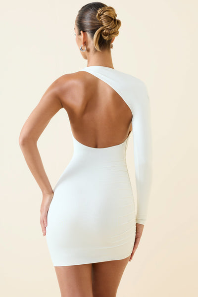 Asymmetric Ruched Open-Back Mini Dress in Vanilla