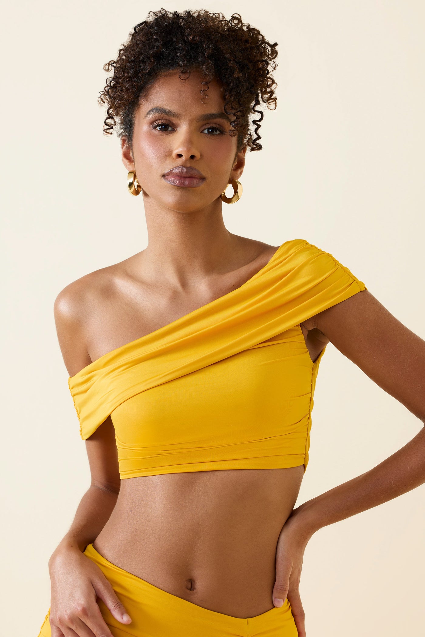 Asymmetric Ruched Off-Shoulder Crop Top in Golden Yellow