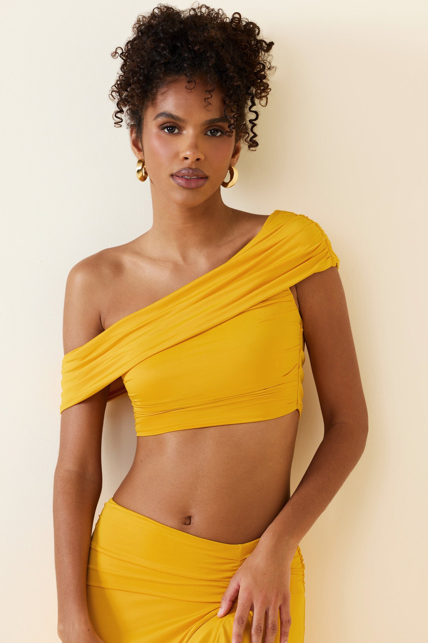 Asymmetric Ruched Off-Shoulder Crop Top in Golden Yellow