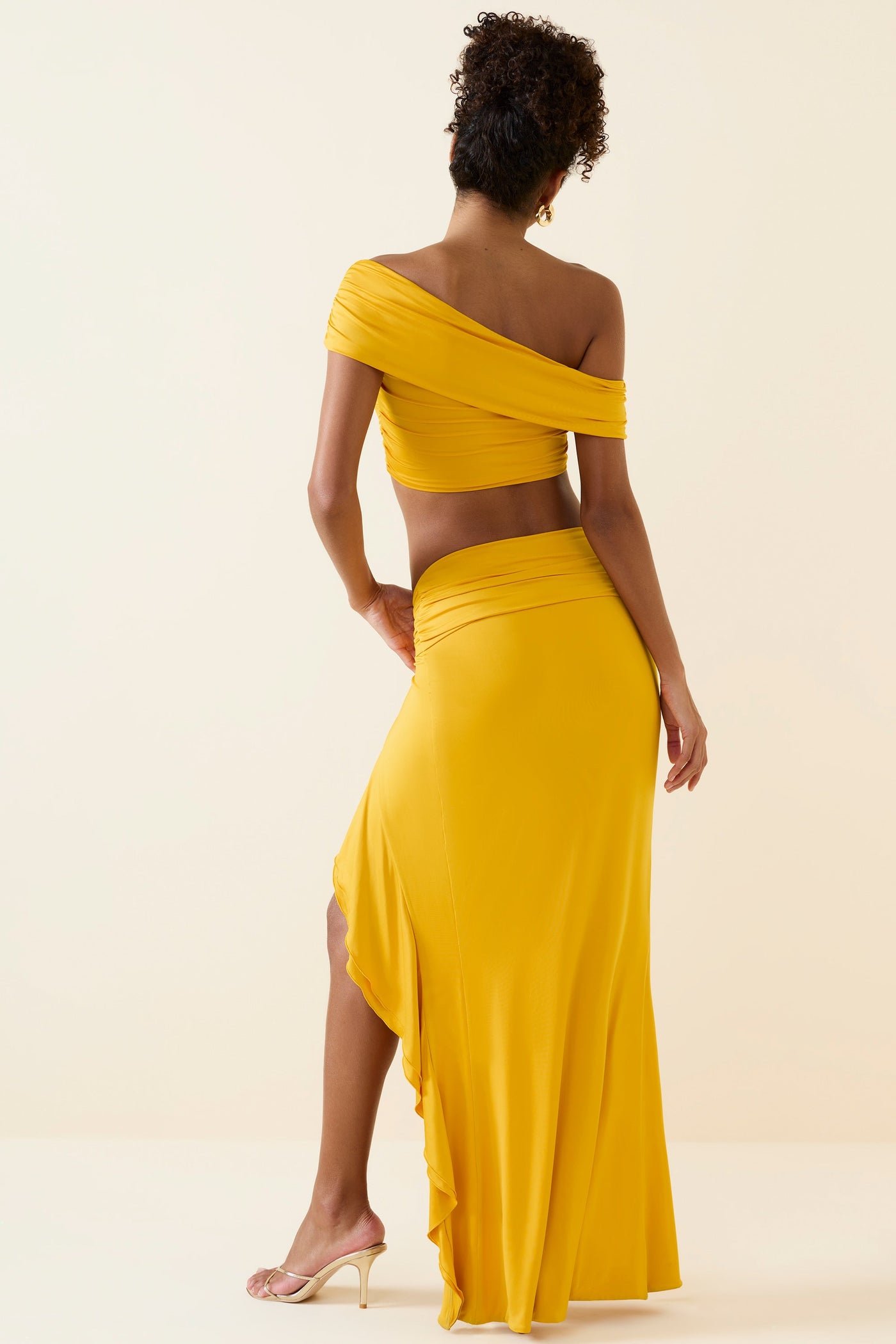 Asymmetric Ruffled Low-Rise Maxi Skirt in Golden Yellow