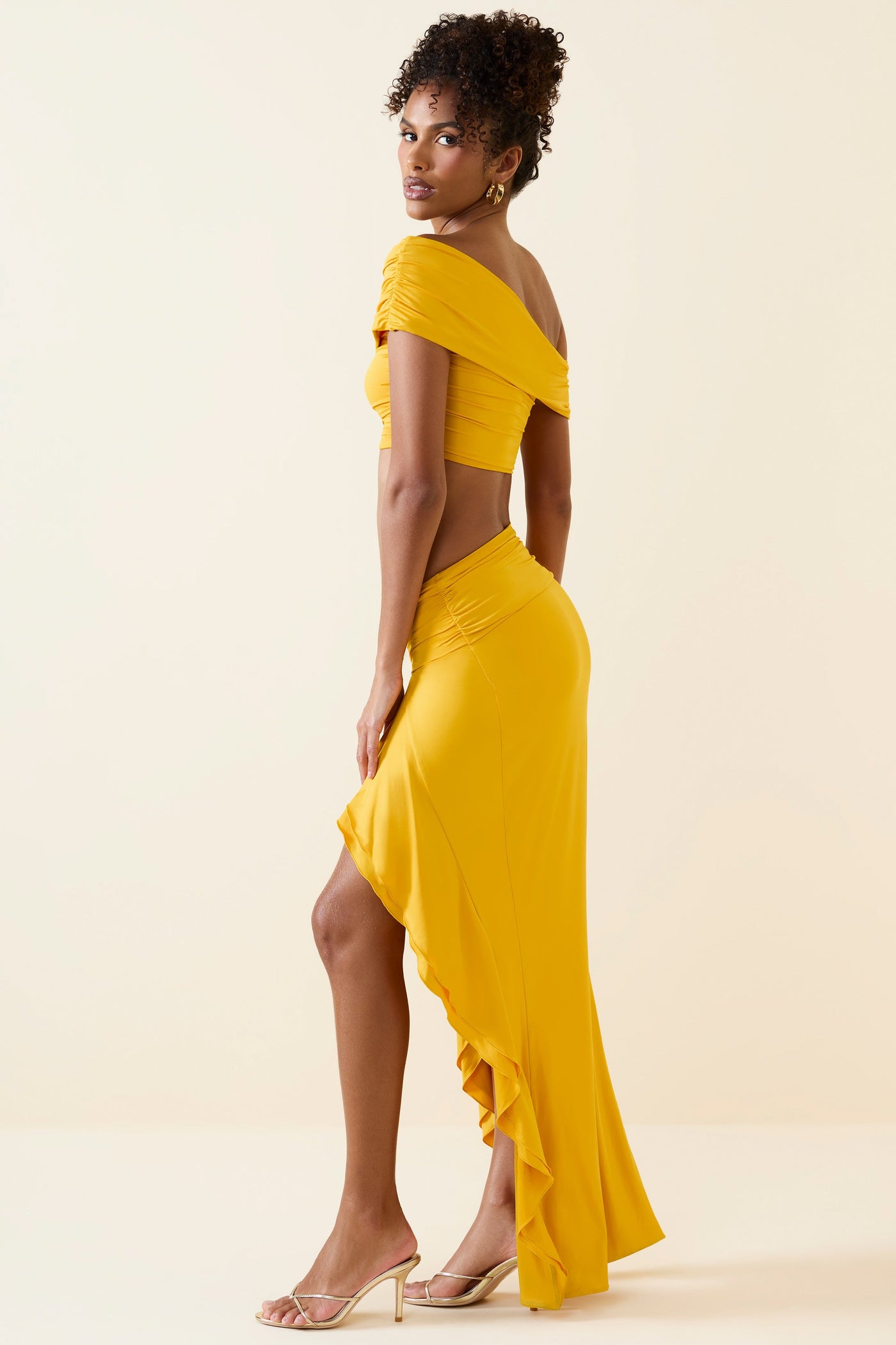 Asymmetric Ruffled Low-Rise Maxi Skirt in Golden Yellow