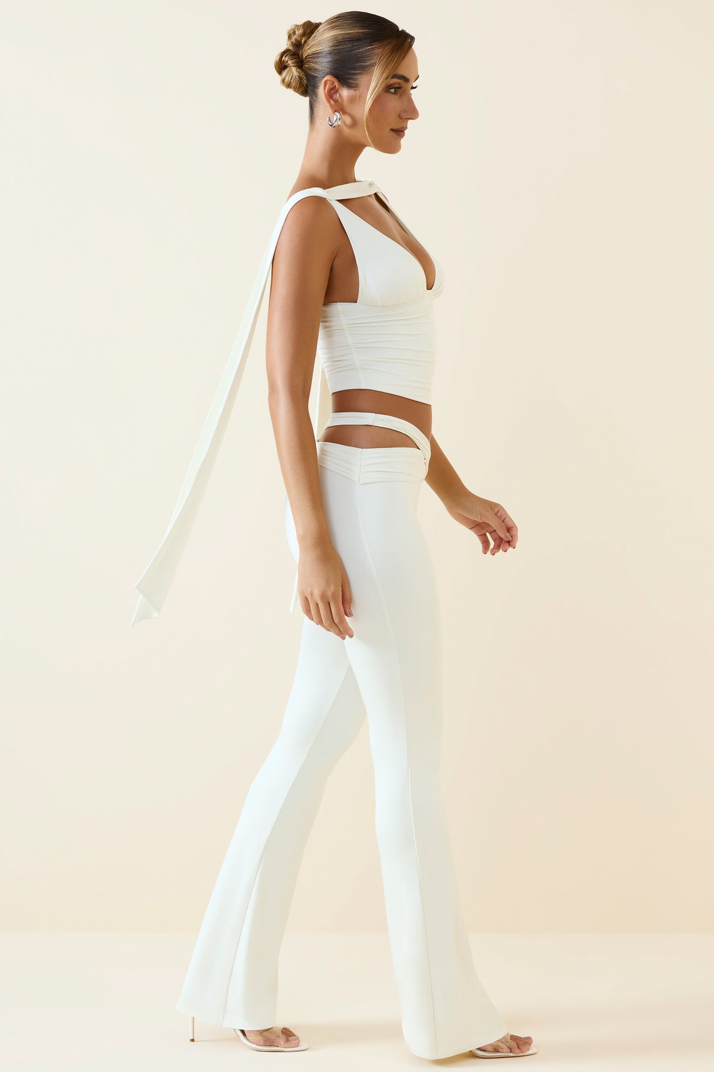 Petite Cut-Out Mid-Rise Flared Trousers in Vanilla