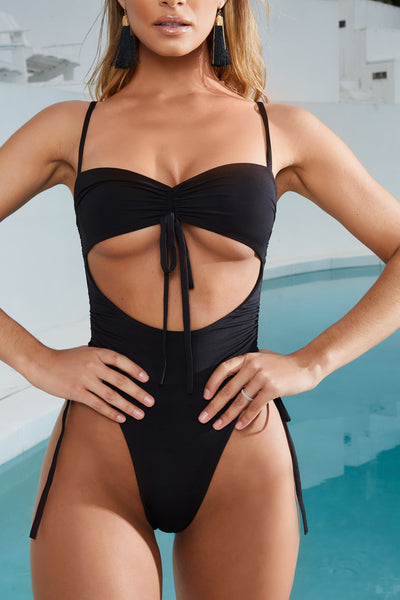 Addictive Ruched Cut Out Underbust Thong Swimsuit in Black