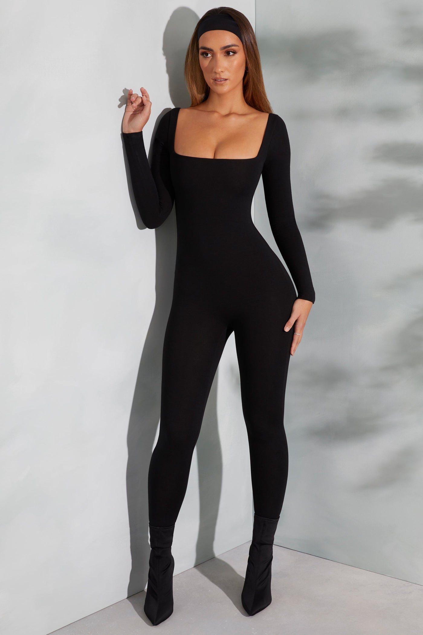 Square Neck Long Sleeve Jumpsuit in Black