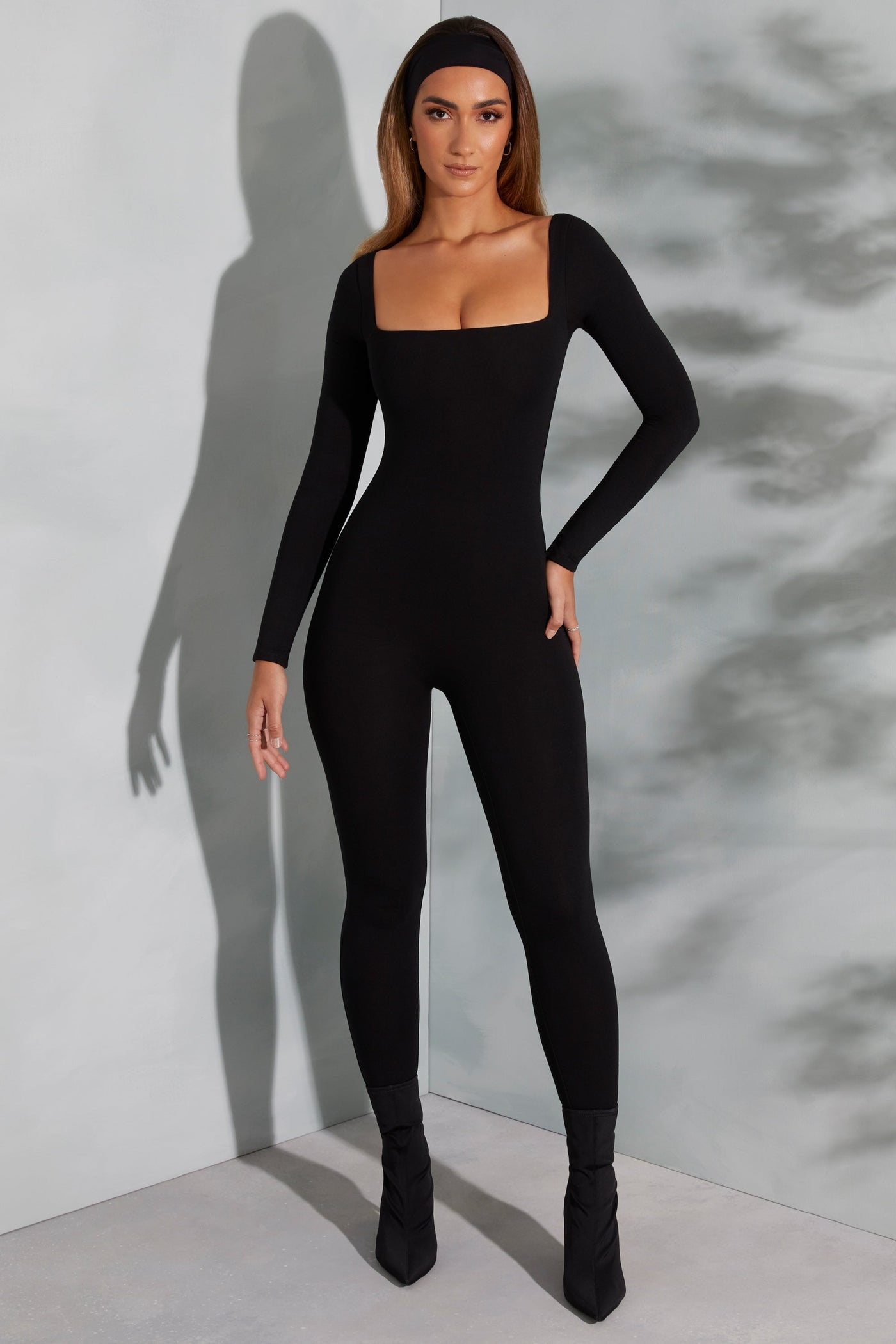 Square Neck Long Sleeve Jumpsuit in Black