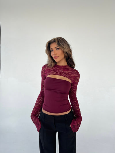 Lara lace long sleeve top - bordeaux