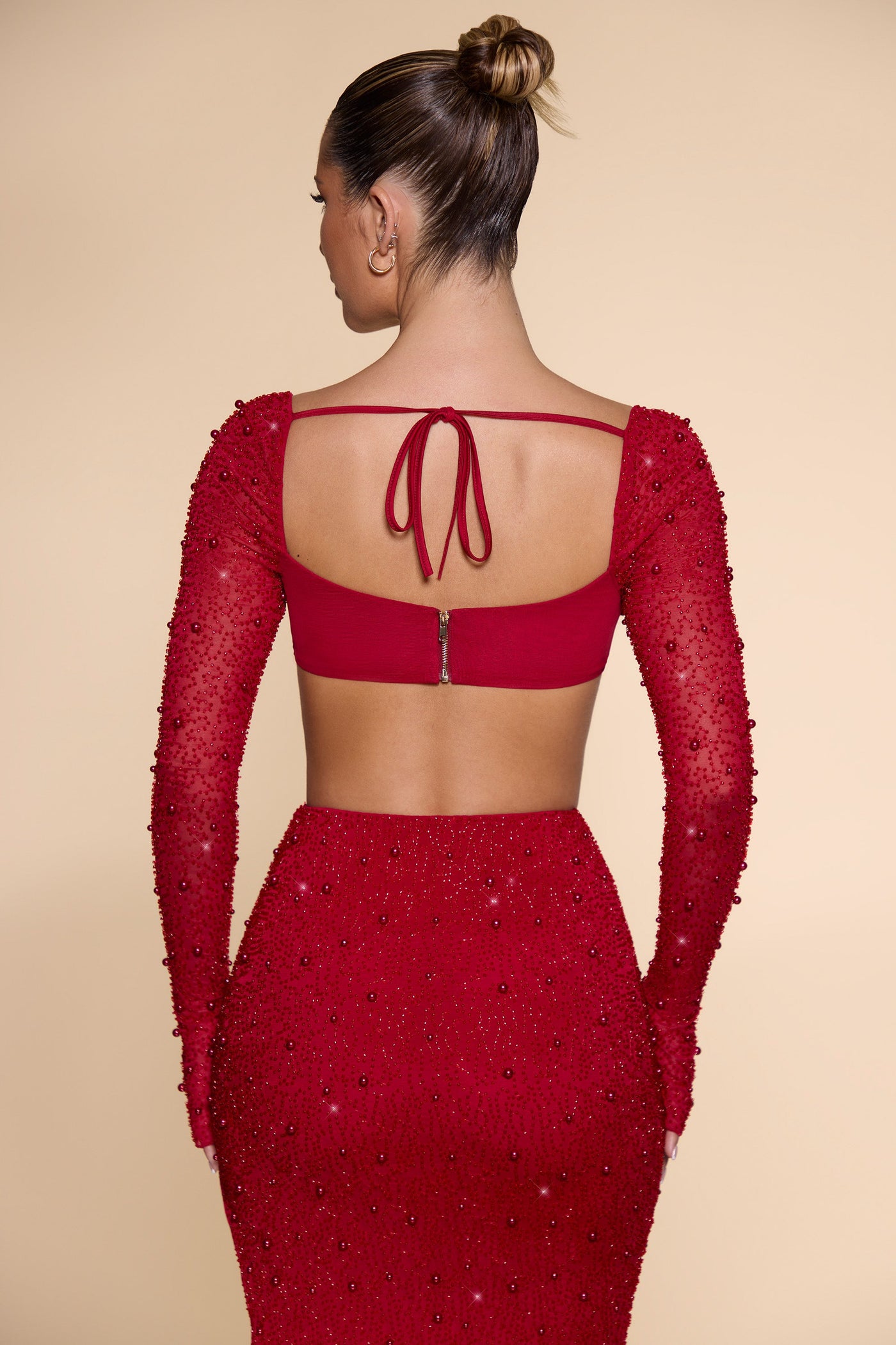 Embellished Cowl Neck Crop Top in Red