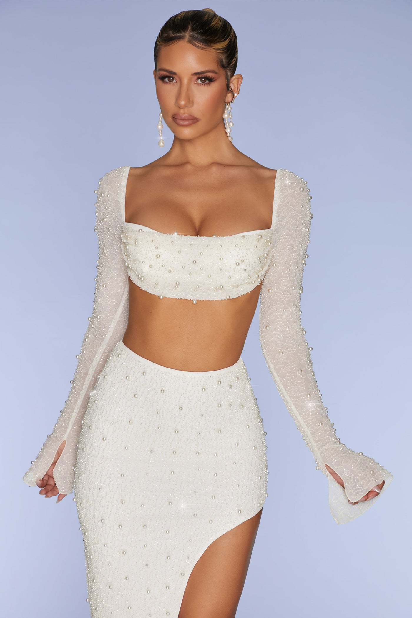 Embellished Cowl Neck Crop Top in Ivory