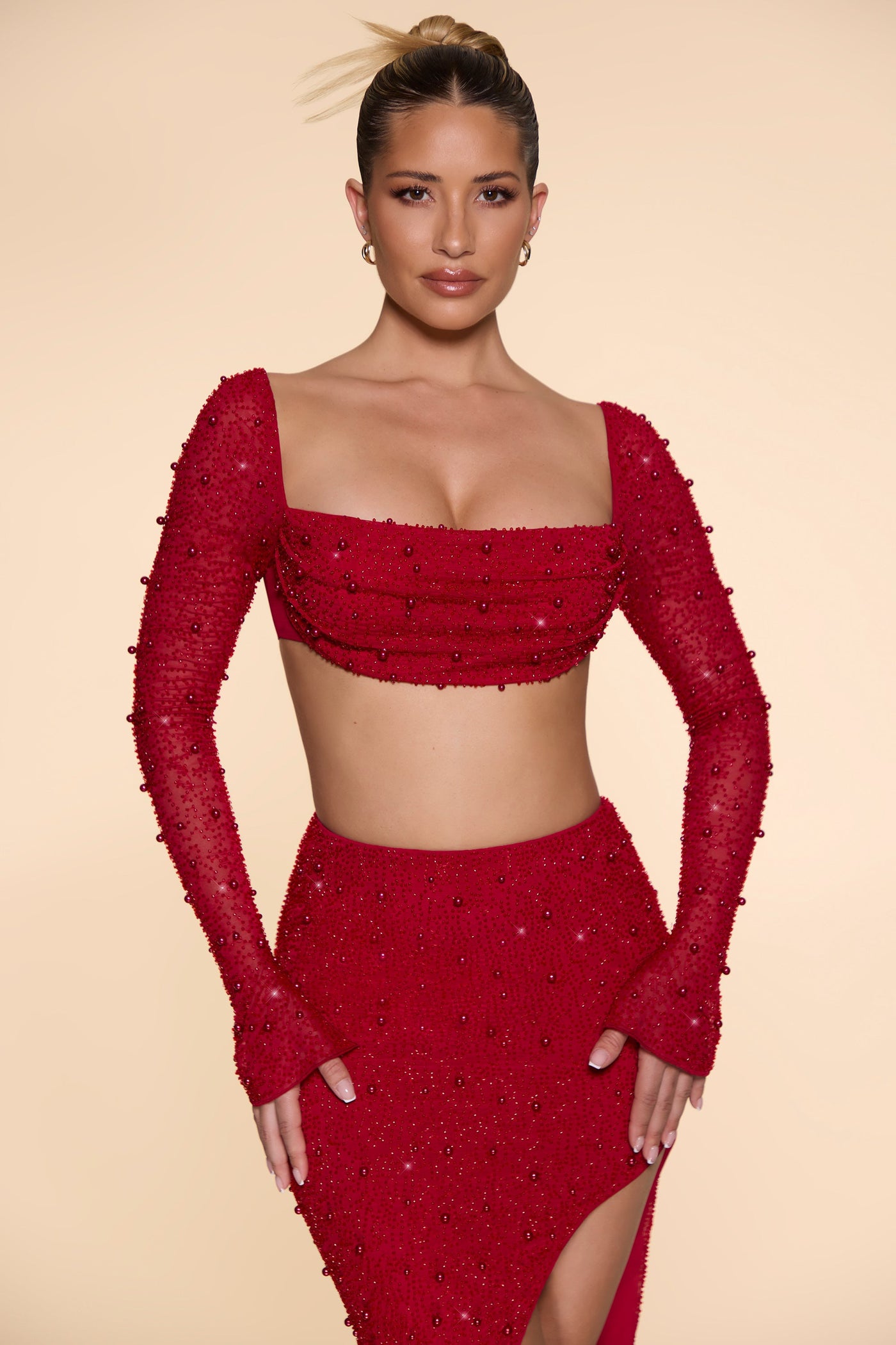 Embellished Cowl Neck Crop Top in Red