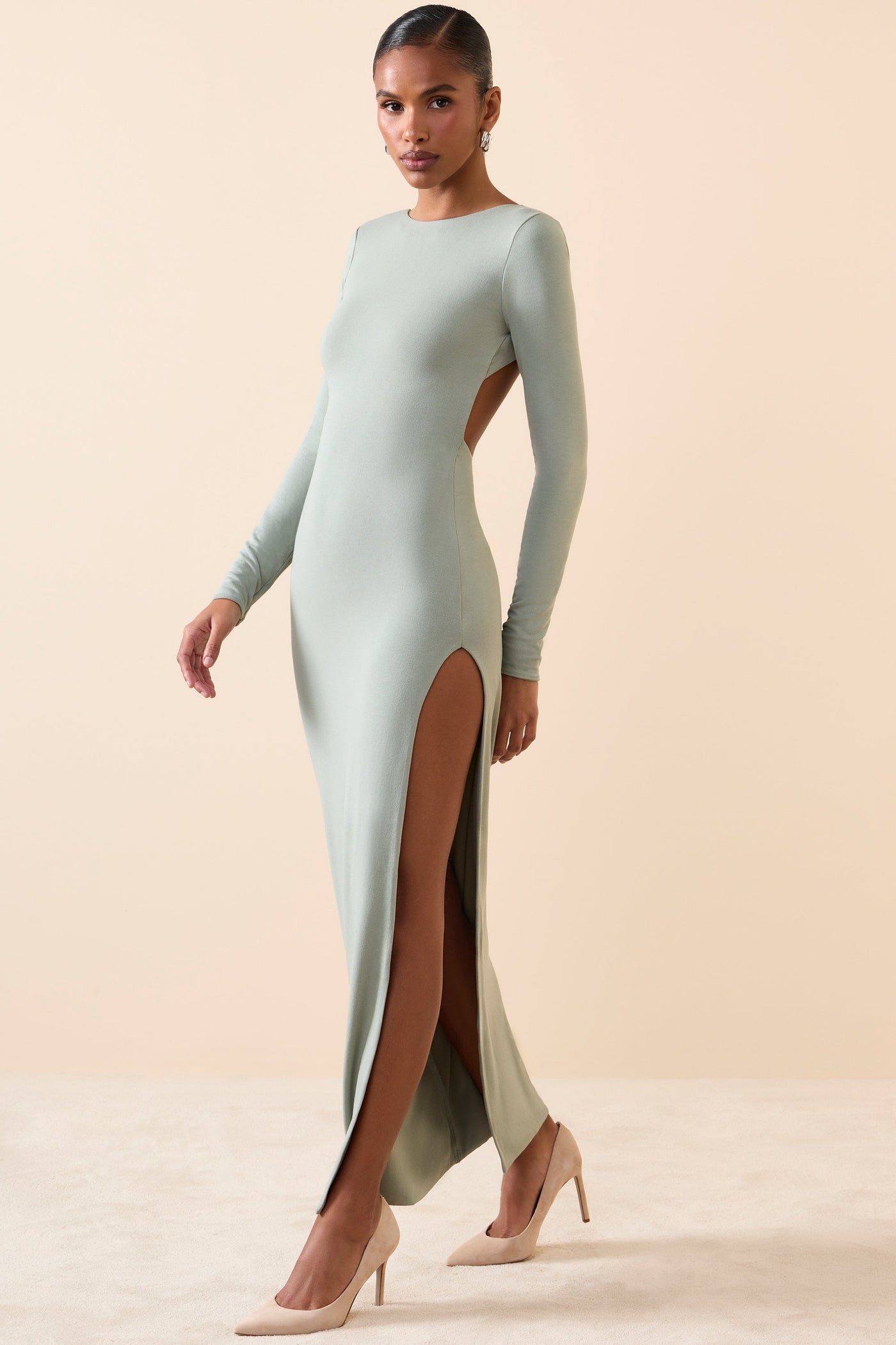 Modal Open-Back Long-Sleeve Maxi Dress in Smoke Green