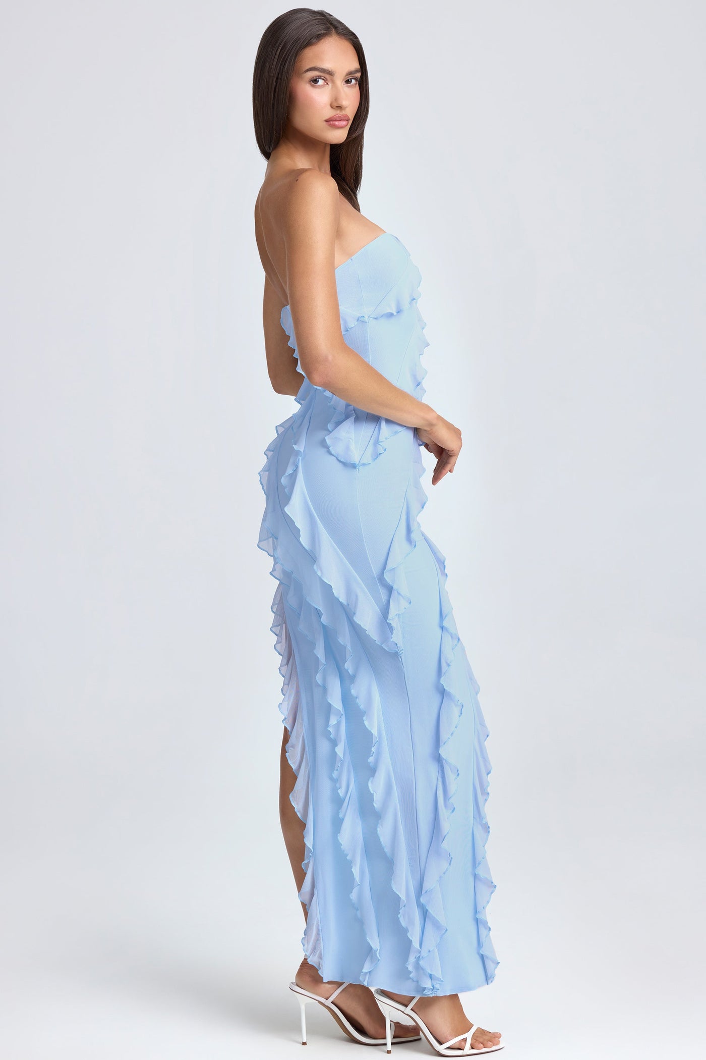 Bandeau Ruffle-Trim Maxi Dress in Powder Blue