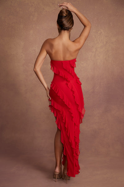 Bandeau Ruffle Detail Maxi Dress in Red