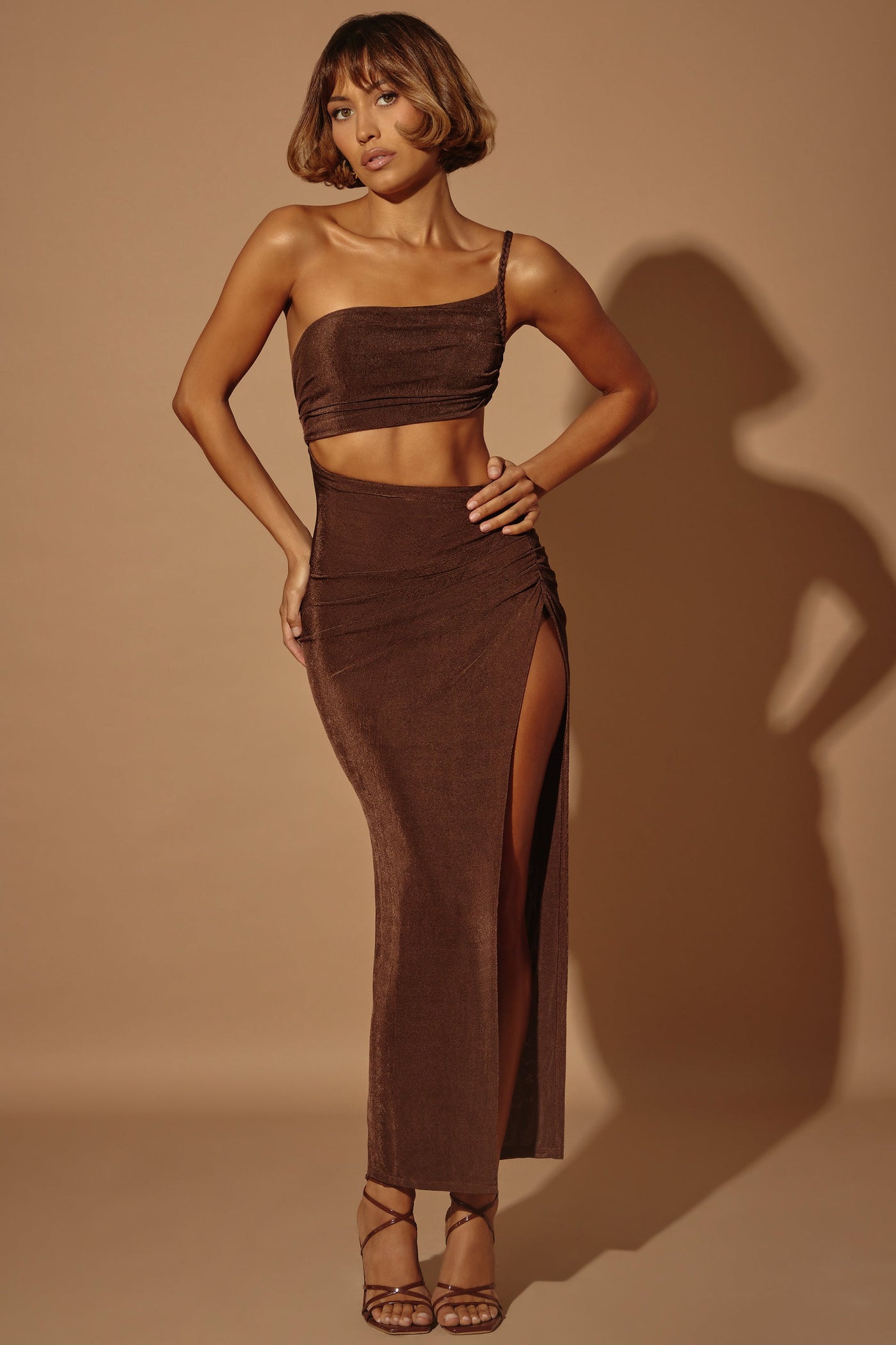 One Shoulder Cut Out Maxi Dress in Brown