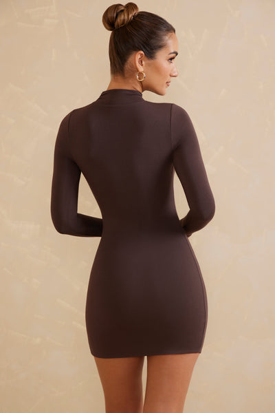 High Neck Long Sleeve Mini Dress in Chocolate