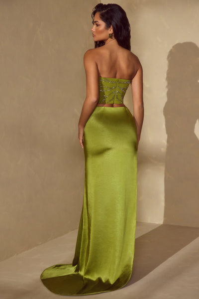 High Slit Gown Length Skirt with Train in Olive