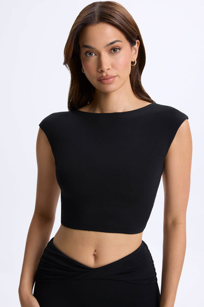 Cap-Sleeve Open-Back Crop Top in Black