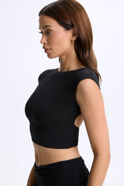 Cap-Sleeve Open-Back Crop Top in Black