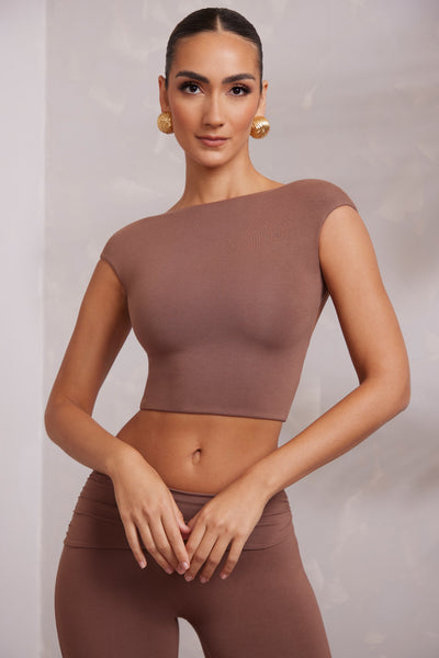 Cap Sleeve Open Back Crop Top in Brown