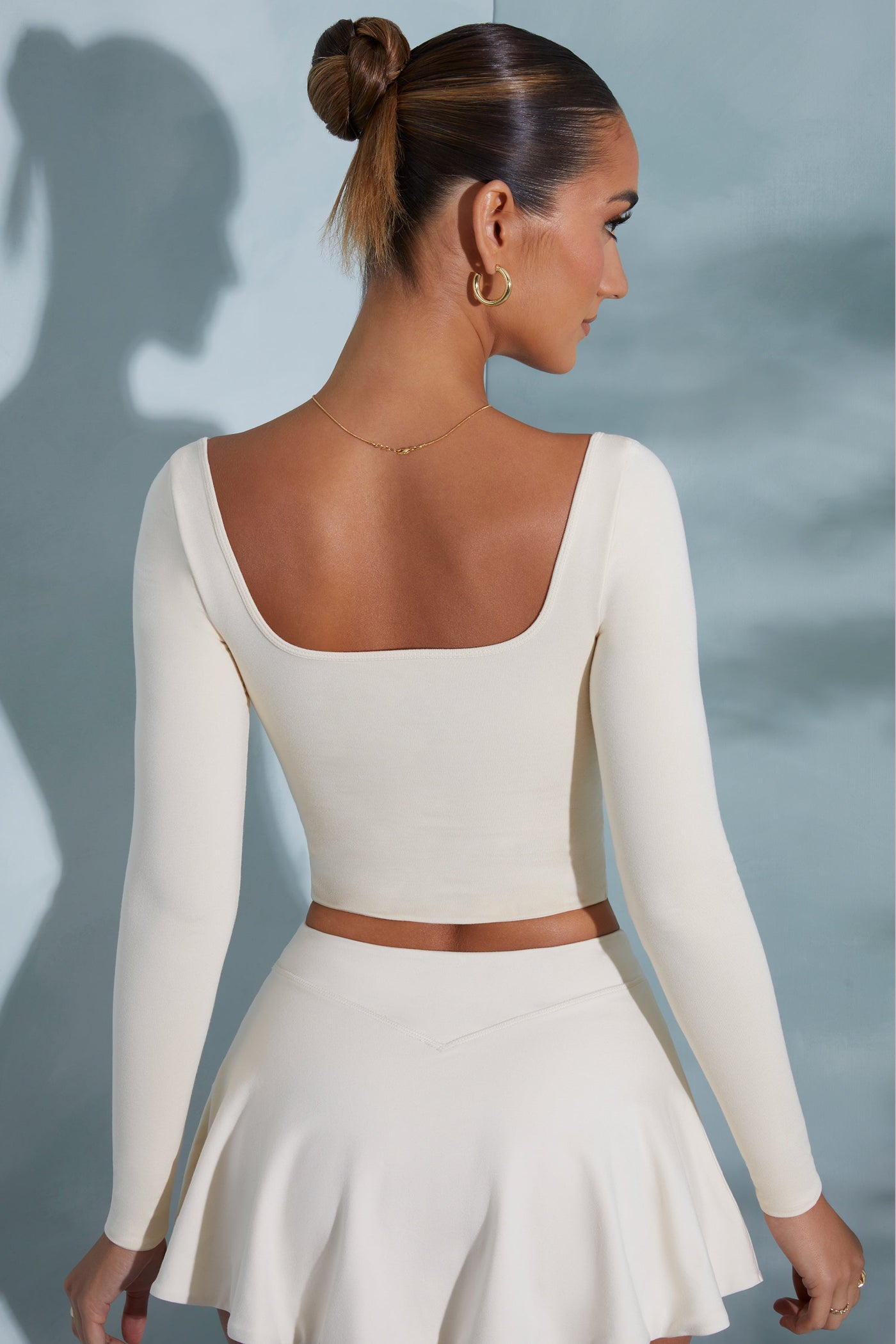 Rounded Square Neck Long Sleeve Top in Ivory