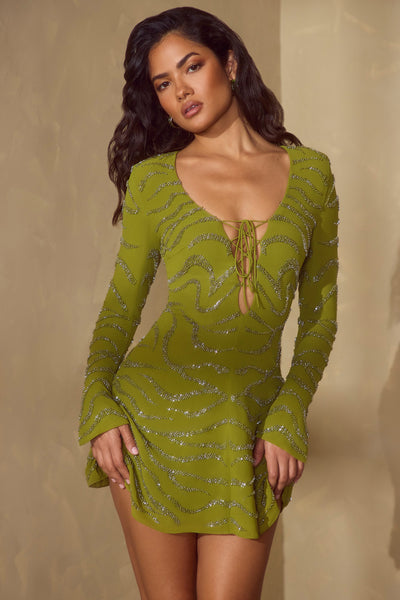 Long Sleeve Lace Up Mini Dress in Olive