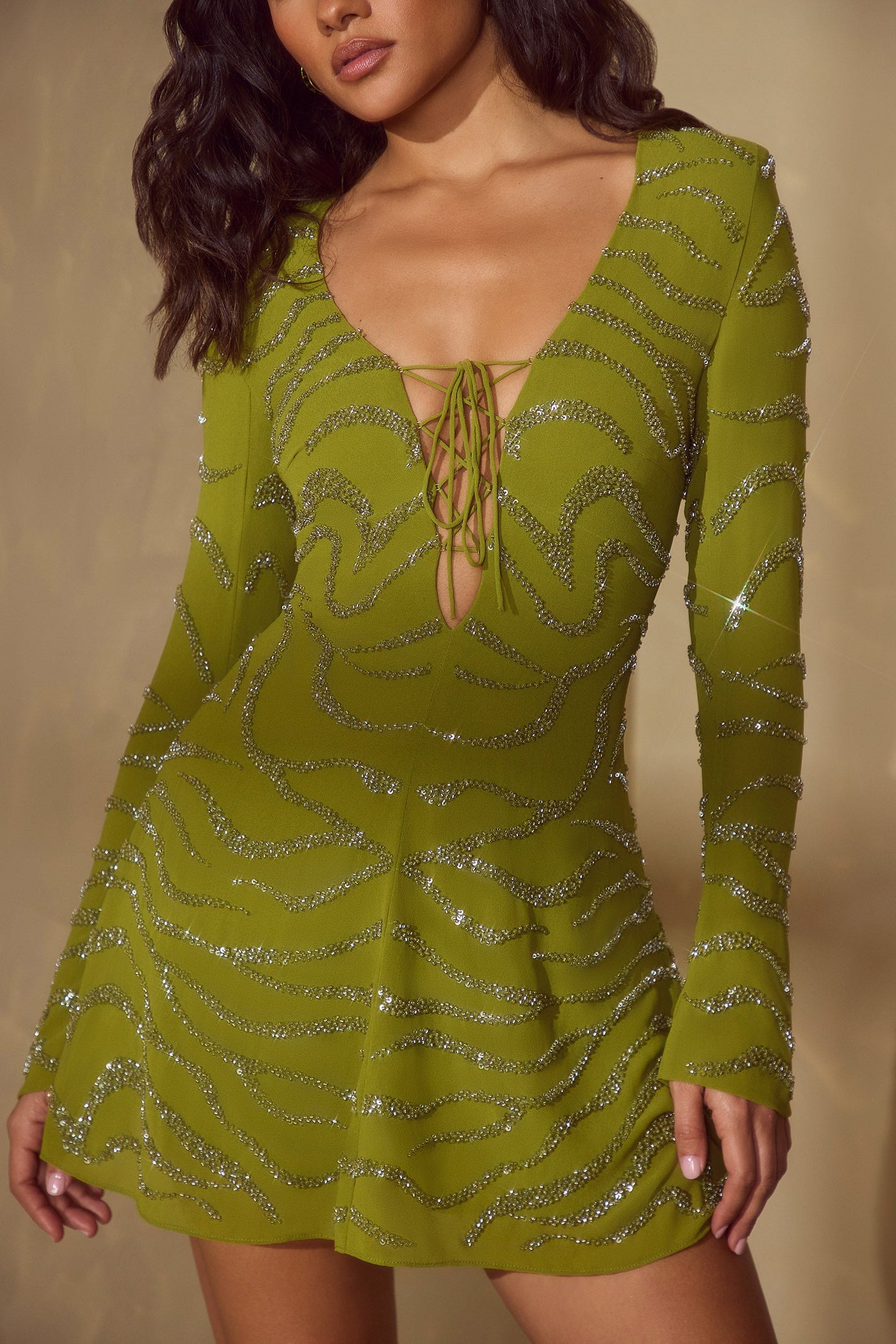 Long Sleeve Lace Up Mini Dress in Olive