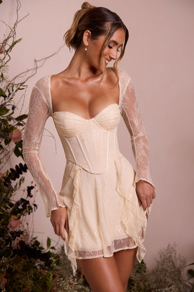 Long Sleeve Lace Corset Mini Dress in Ivory