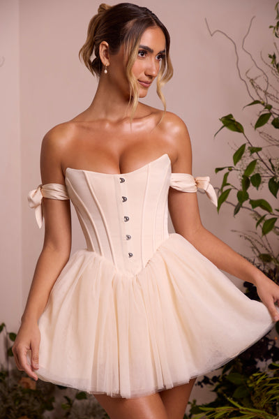 Off Shoulder Tulle Skirt Mini Dress in Ivory