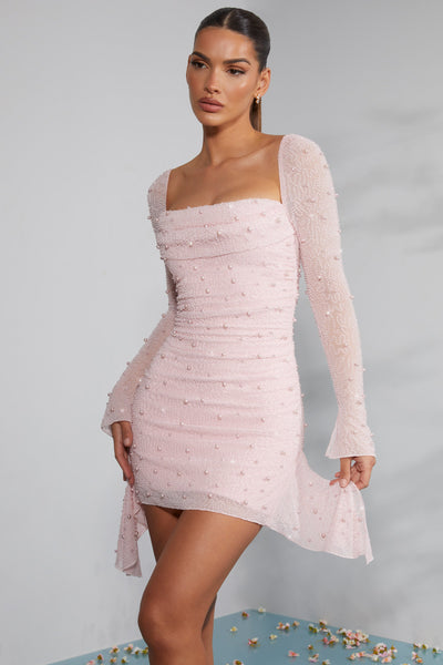 Long Sleeve Embellished Cowl Neck Mini Dress in Blush