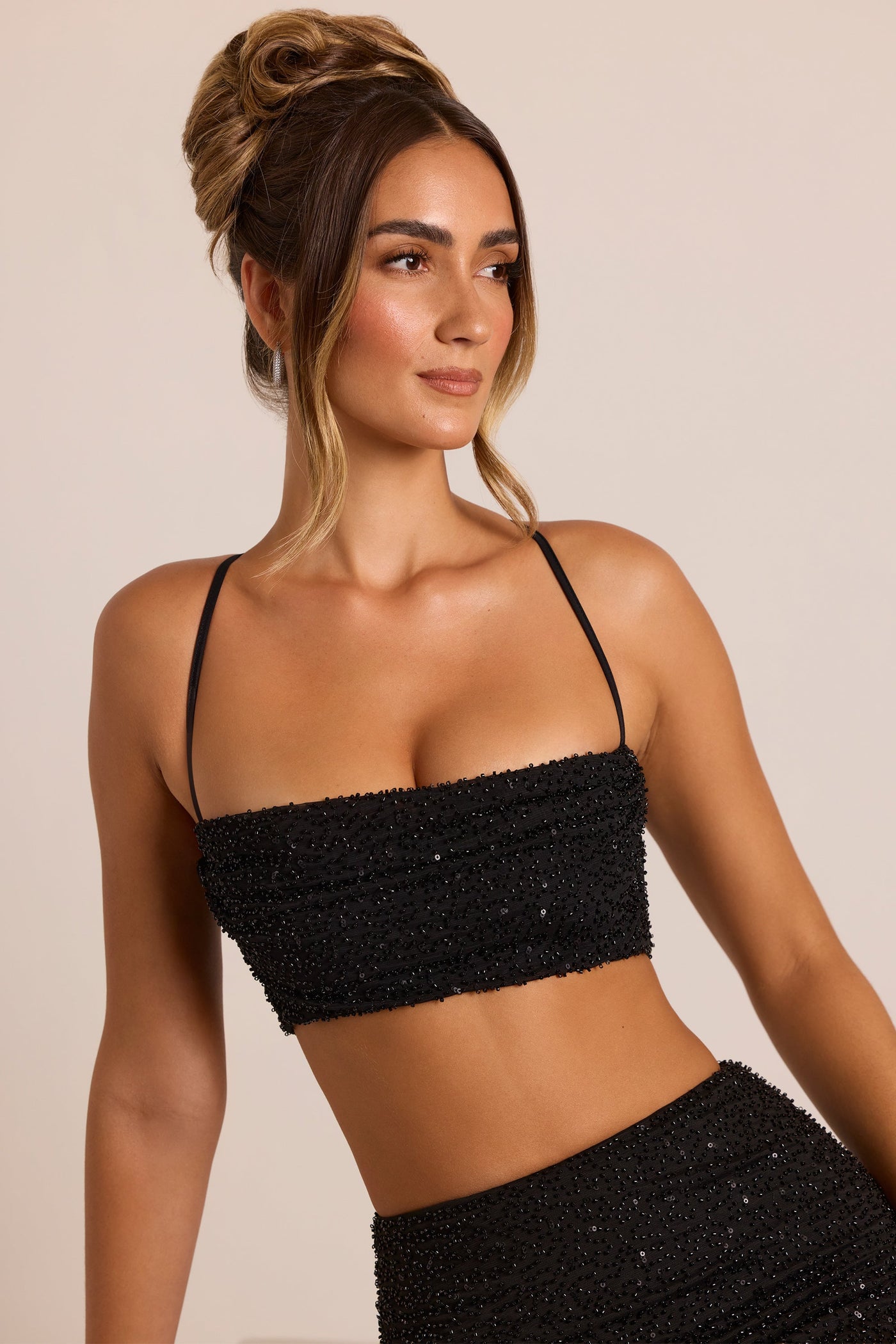 Embellished Cross Back Crop Top in Black