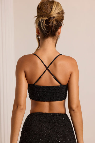 Embellished Cross Back Crop Top in Black